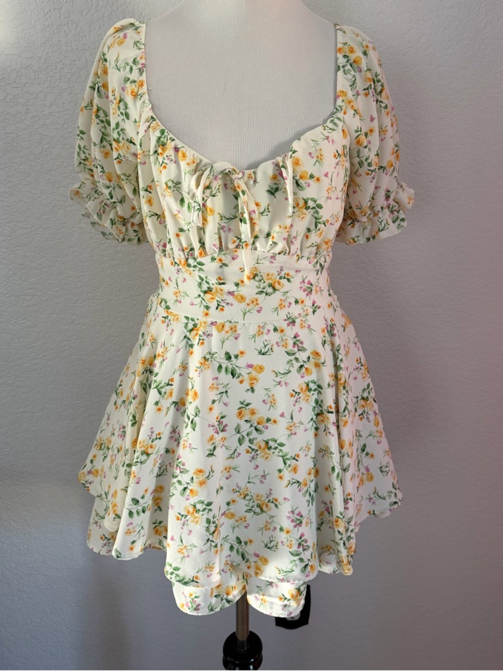 Inspired Hearts Cream Mini Dress / shorts  with Yellow Floral Print